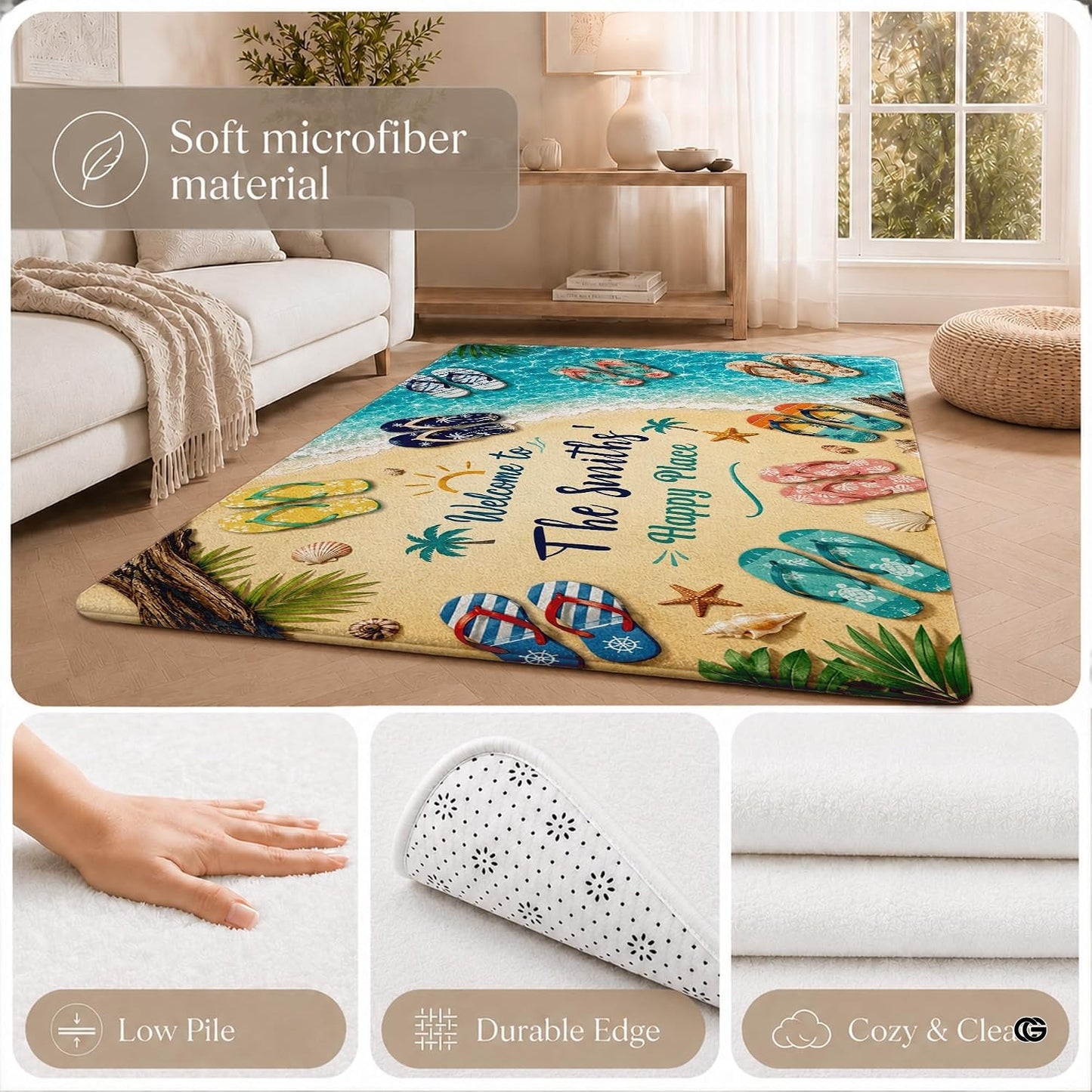Personalized Tropical Beach Rug, Custom Family Name Tropical Outdoor Rug, Flamingo Surfboard Ocean Area Rug for Living Room, Patio, Beach House Decor, Design 01