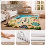 Personalized Tropical Beach Rug, Custom Family Name Tropical Outdoor Rug, Flamingo Surfboard Ocean Area Rug for Living Room, Patio, Beach House Decor, Design 01