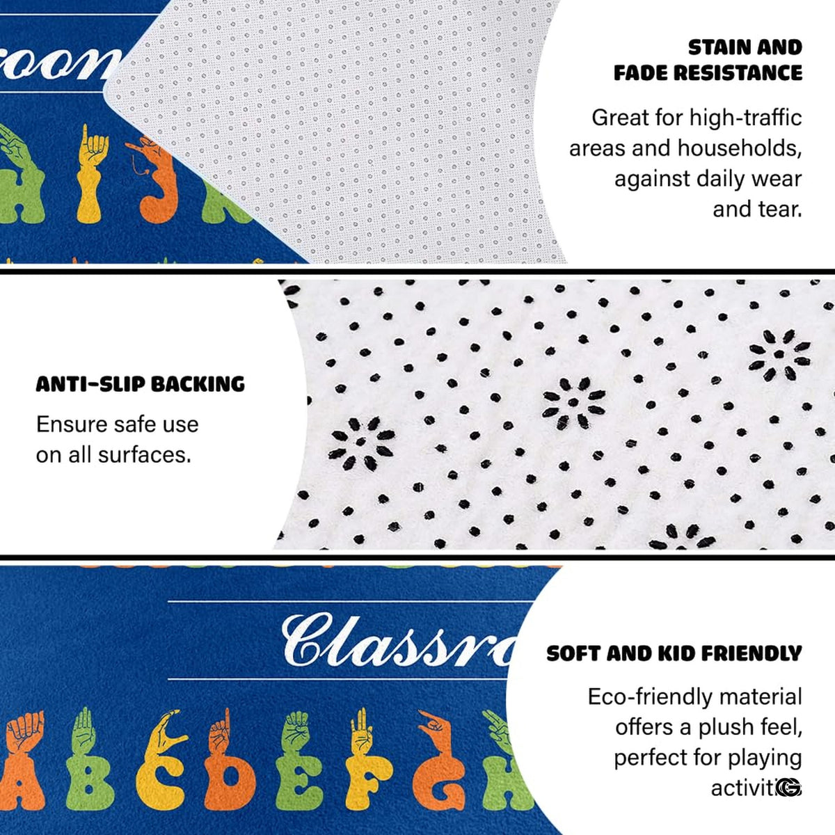 Detailed view of soft pile corner and clear alphabet letters on classroom rug.
