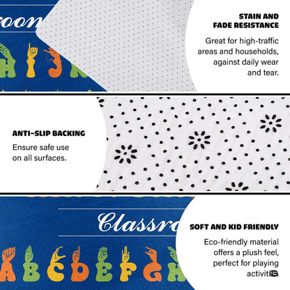 Detailed view of soft pile corner and clear alphabet letters on classroom rug. - thumbnail image 9 of 9