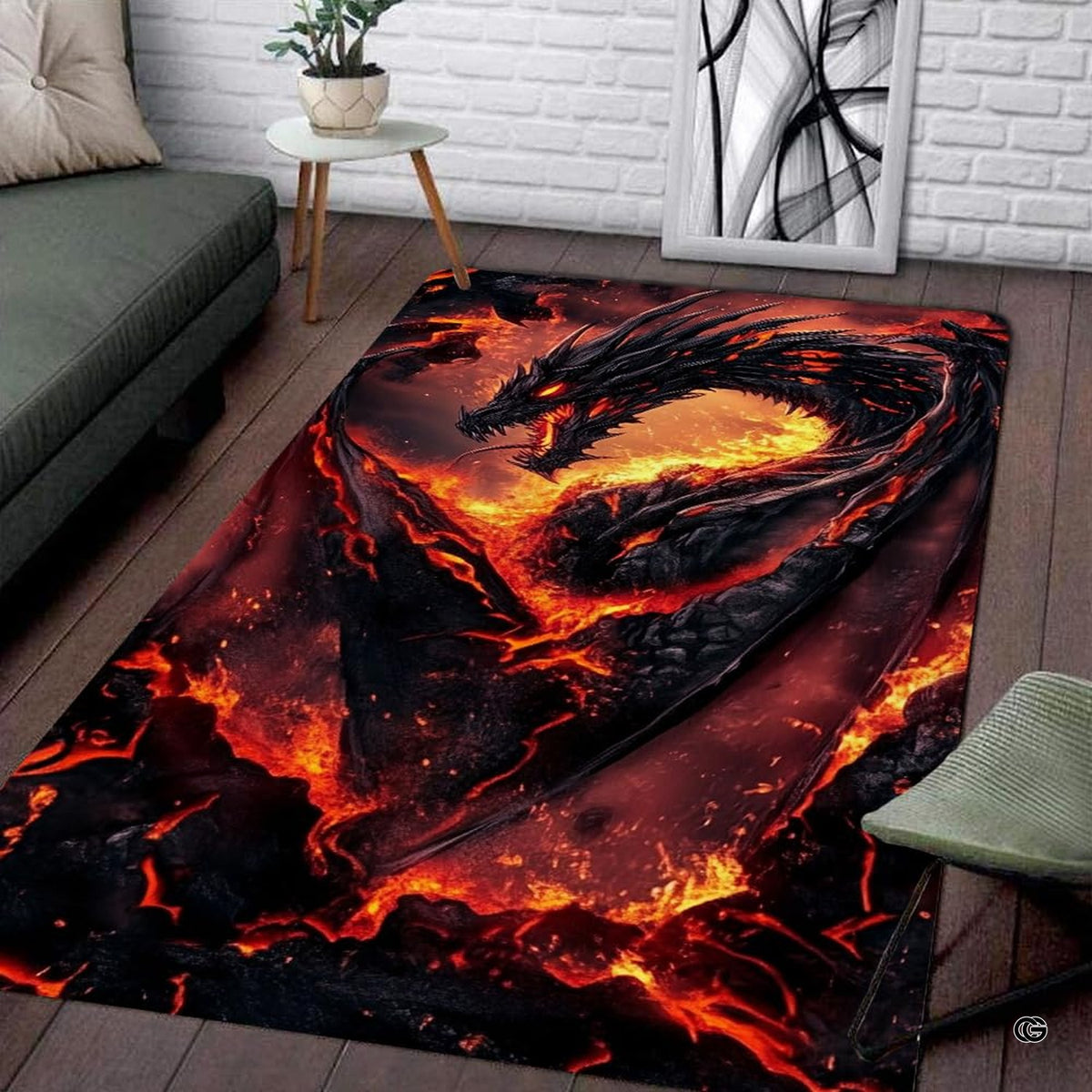Living room seating setup featuring the fiery lava dragon molten magma fantasy area rug