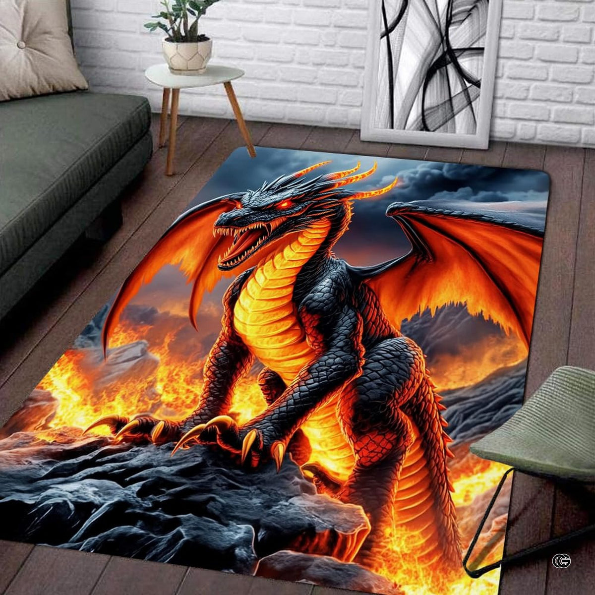 Top view of fantasy beast rug displaying spreading wings and ember glow details. - image 2 of 8