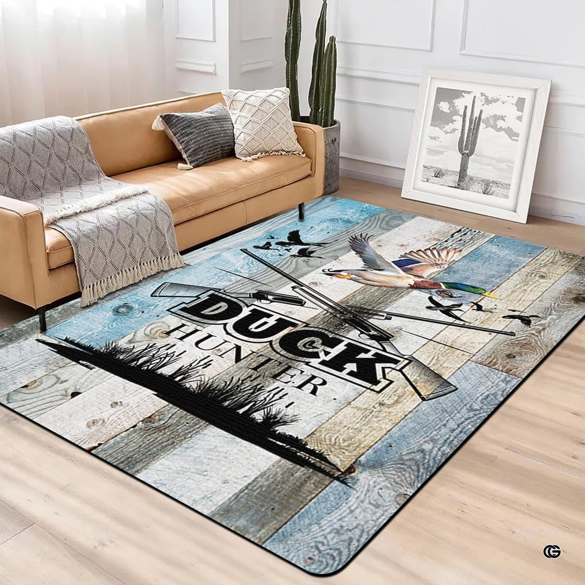 Detailed view of the rustic painted timber texture and mallard drake motif on this sporting wood area rug. - image 3 of 6