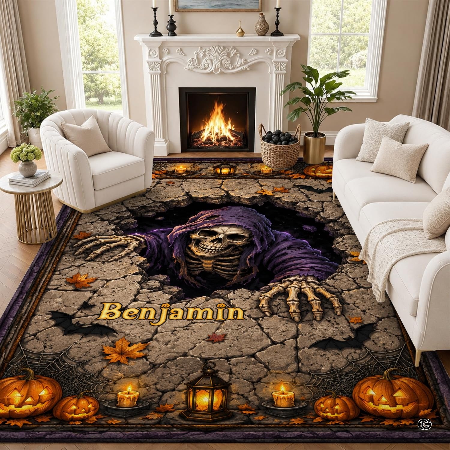 Personalized Witch Area Rug with Name - Custom Halloween Rug, Black Cat & Raven Floor Carpet, Spooky Gothic Home Decor, Non Slip Rugs (Style 8)