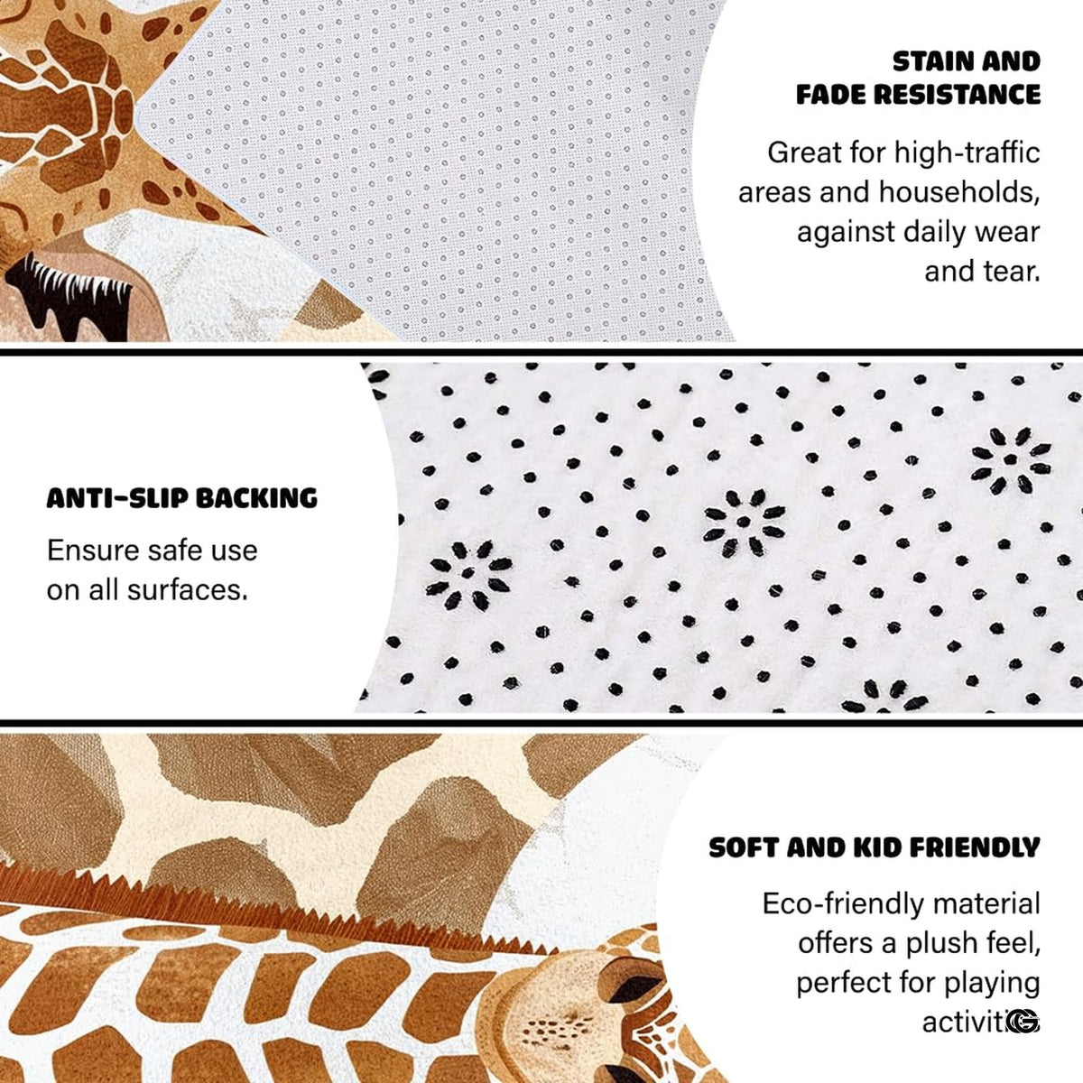 Infographic showing anti-slip dotted backing and stain resistance features - image 4 of 7