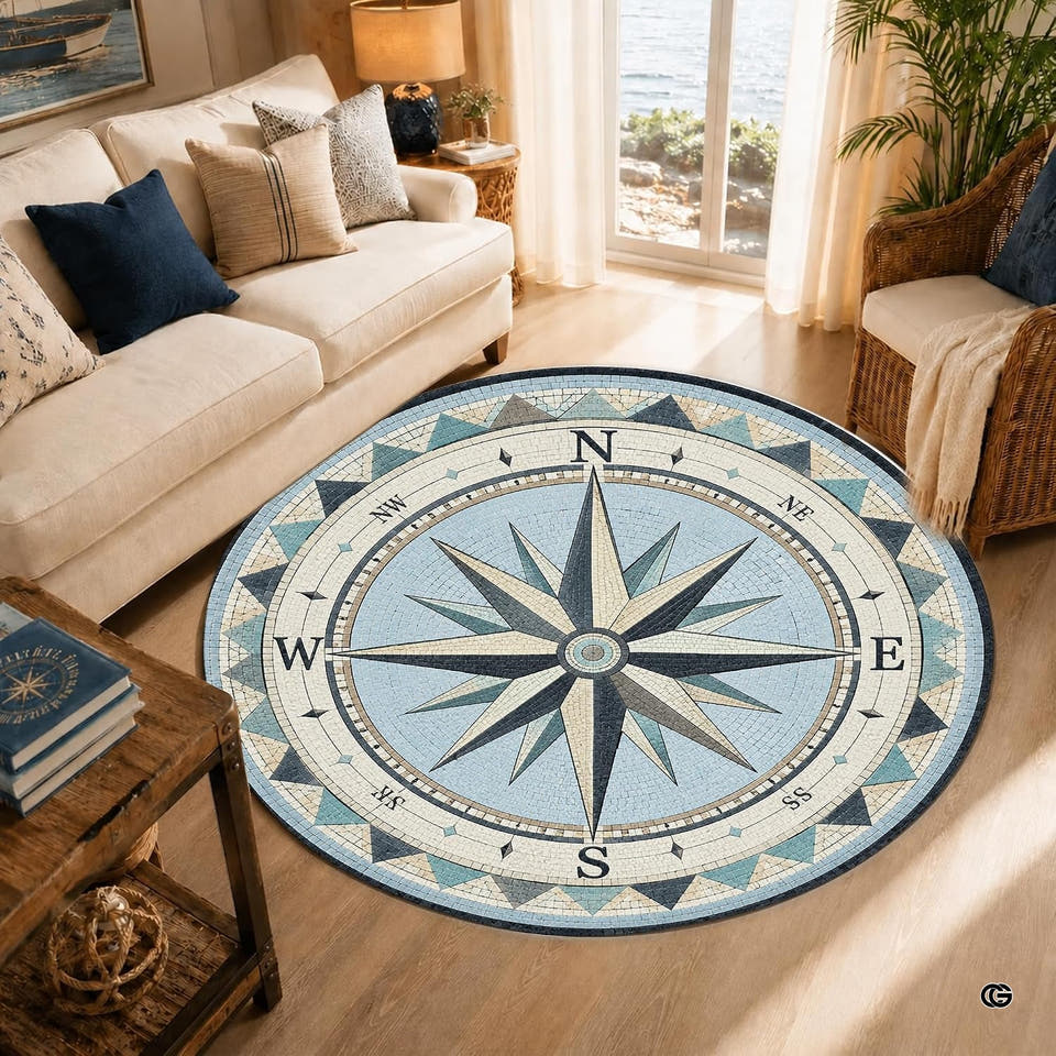 Coastal mosaic nautical compass rose circular area rug in primary perspective