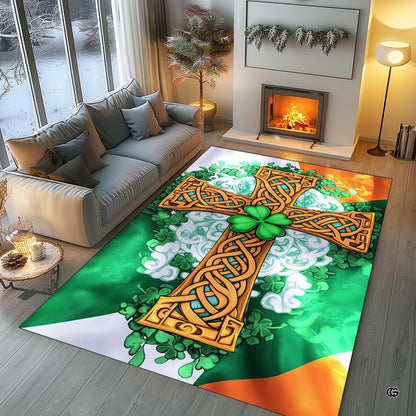 Cozy modern living room arrangement styling the Celtic cross Irish flag rug - thumbnail image 5 of 8