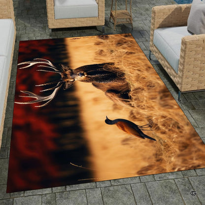 Red deer stag area rug placed alongside living room couch and accent furniture. - thumbnail image 7 of 7