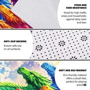 Detailed view of vivid purple, orange, and blue dragon scales on rainbow area rug design - thumbnail image 4 of 8