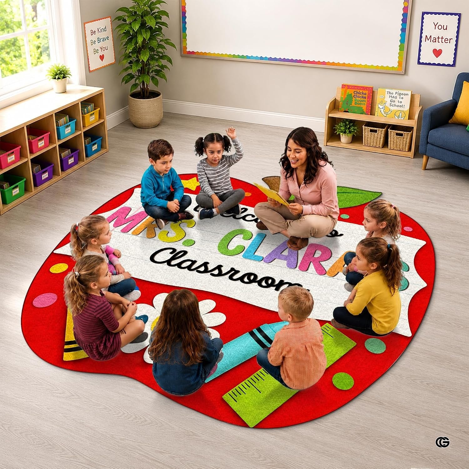 Personalized Composition Notebook Classroom Shaped Rugs for Kids (A03) | Custom Pennant Flag Carpet for Reading Corner, Non-Slip Apple Shape Rug Mat, Classroom Decor, Back To School Gift