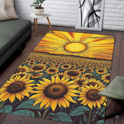 Overhead layout view of the rectangular sunflower sunset field botanical floral area rug - thumbnail image 7 of 8