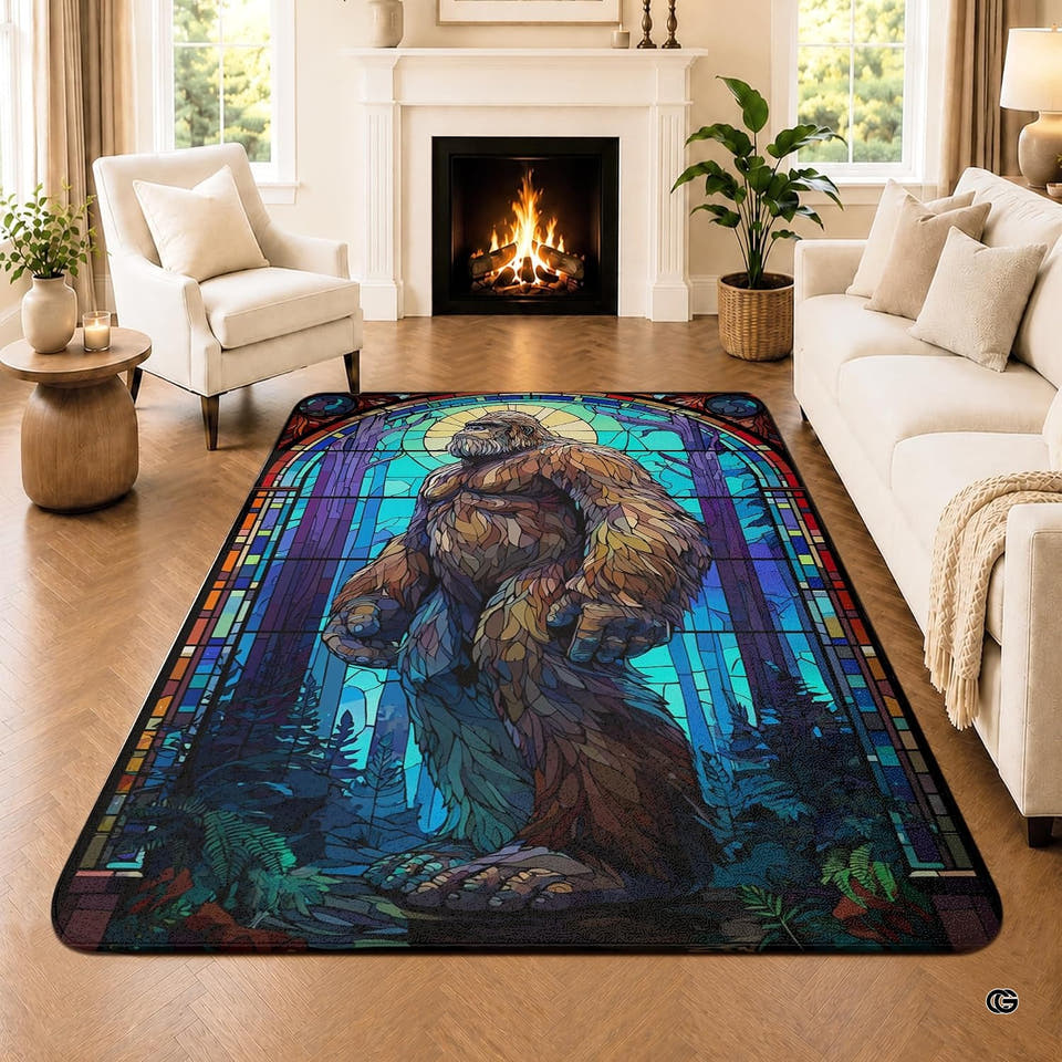 Personalized Bigfoot Area Rug Sasquatch Rug Unique Outdoor Adventure for Home Décor Living Room Bedroom (Bigfoot Stained Glass 2)