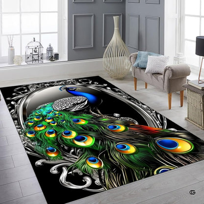 Close-up of golden yellow and turquoise feather details across an ornate peacock statement rug. - thumbnail image 6 of 8