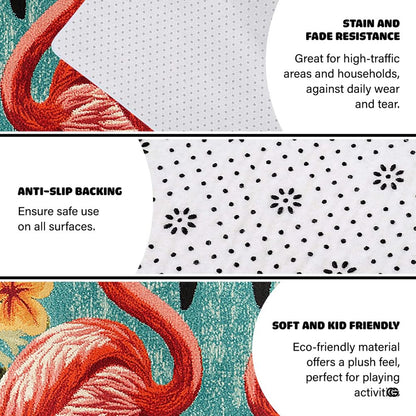 Bright beach house interior setup featuring the colorful turquoise flamingo floor carpet - thumbnail image 6 of 7