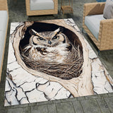 Owl in tree hollow nest wildlife living room area rug with birch bark texture