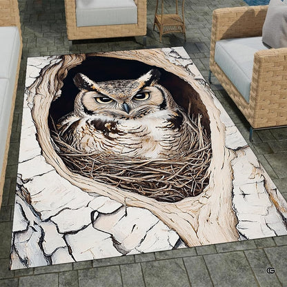 Owl in tree hollow nest wildlife living room area rug with birch bark texture - thumbnail image 1 of 8