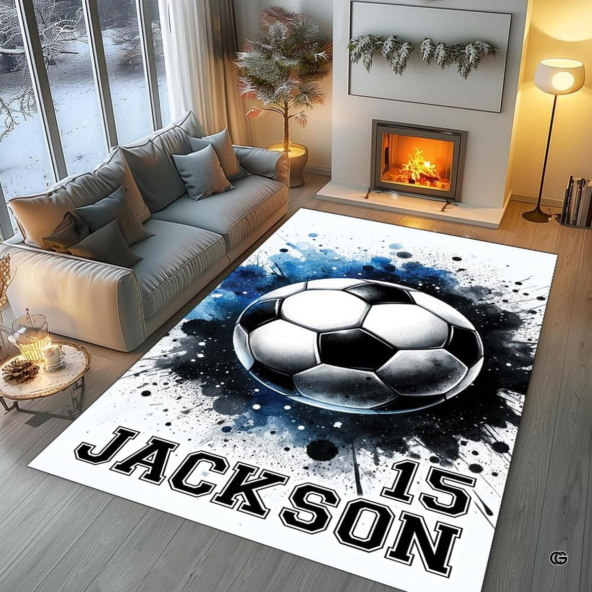 Soccer ball watercolor splatter area rug styled in modern patio seating setup - image 5 of 8
