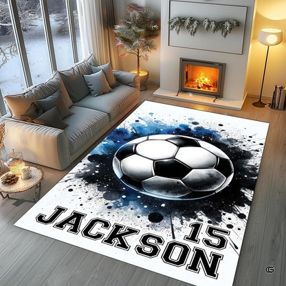 Soccer ball watercolor splatter area rug styled in modern patio seating setup - thumbnail image 5 of 8