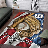 Living room floor setting featuring a patriotic baseball glove bat American flag athletic area rug