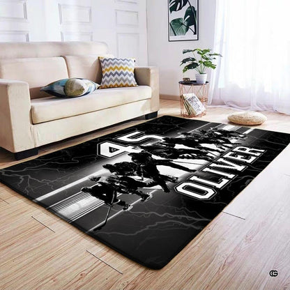 Close visual perspective of hockey area rug silhouetted skater artwork and contrasting speed trails. - thumbnail image 4 of 7