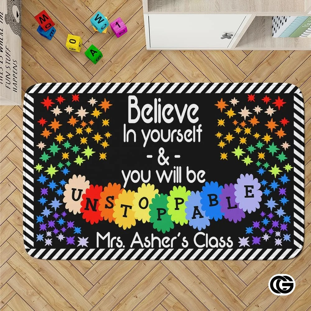 Colorful Handprints Welcome Mat for Classroom and Kids Room - Believe