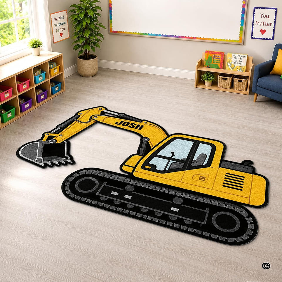 Yellow excavator shaped rug in a classroom