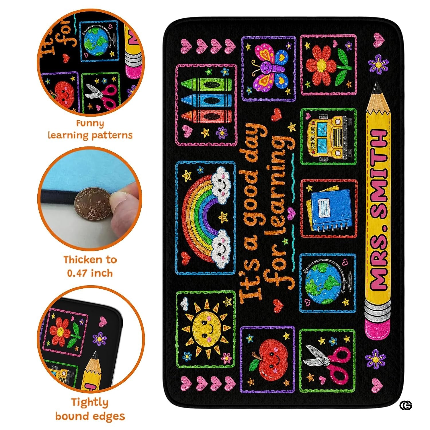 Personalized Teacher Classroom Rug, Custom Back to School Welcome Mat with Name, Kindergarten Preschool Elementary Decor, Composition Notebook Carpet (A05)