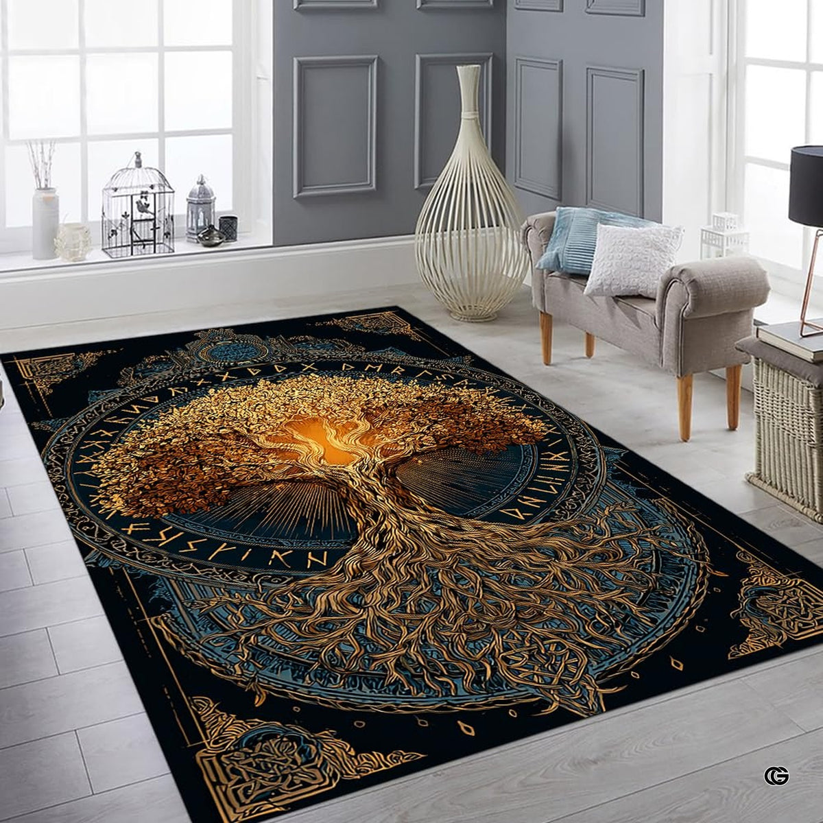 Lifestyle mockup showing the golden Norse tree rug centered on a contemporary wood floor