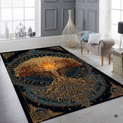 Lifestyle mockup showing the golden Norse tree rug centered on a contemporary wood floor - thumbnail image 8 of 8