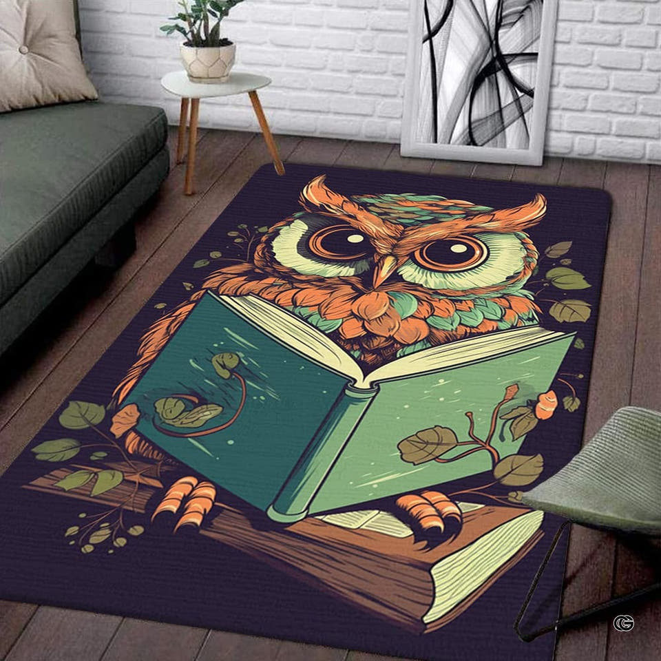 Charming wise owl reading an open book while perched on a branch on a dark area rug