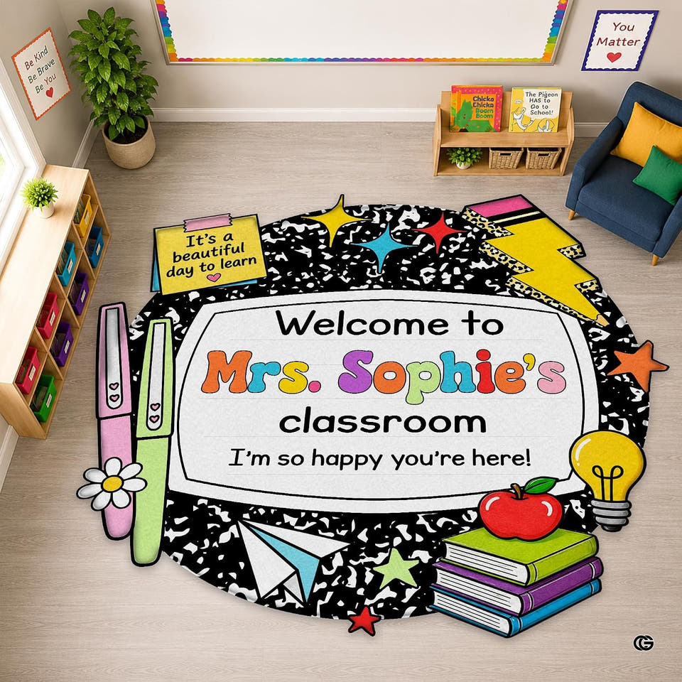 Composition notebook classroom area rug with school supplies graphics.