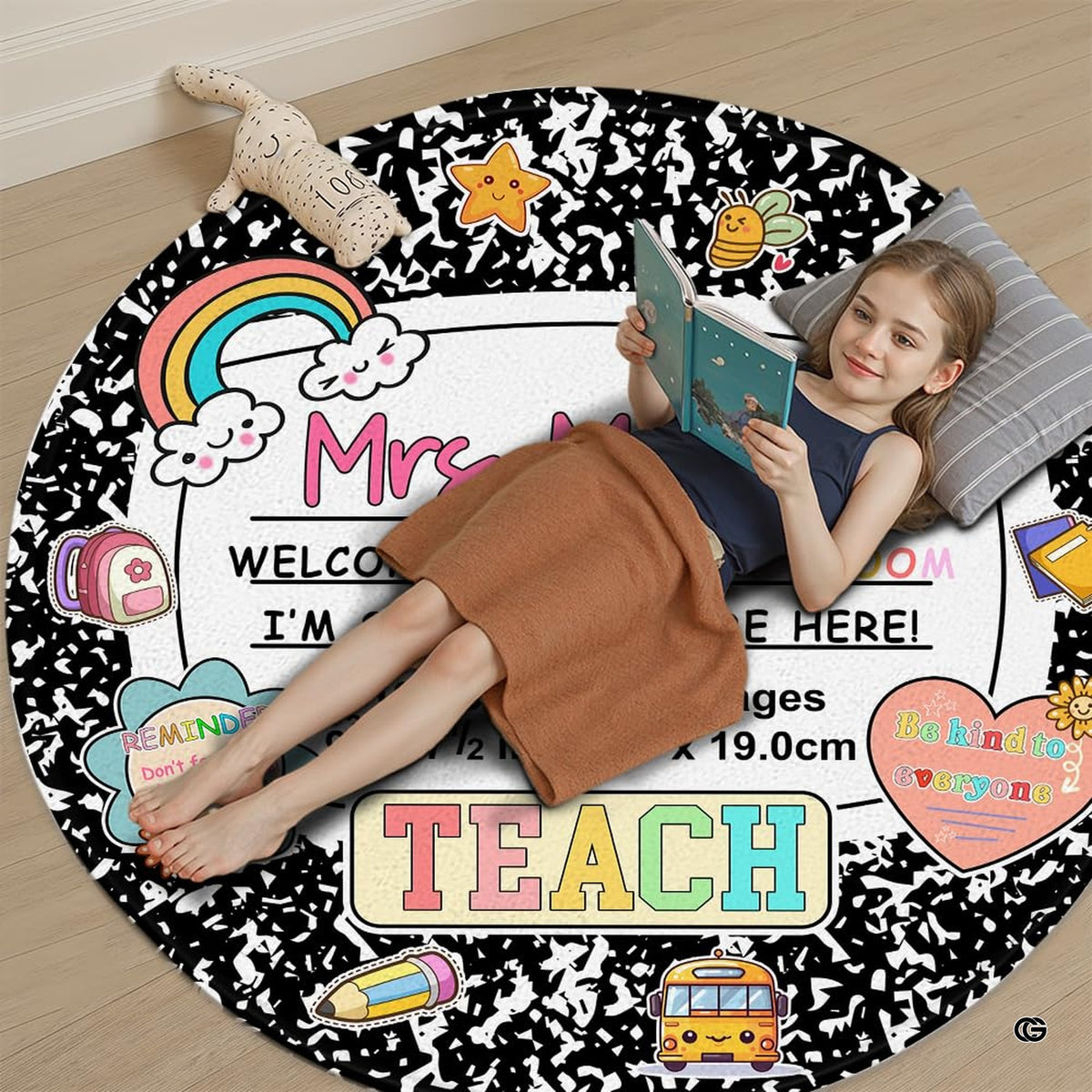 Full overhead perspective of round educational rug with decorative stationery border styling.