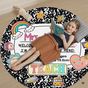Full overhead perspective of round educational rug with decorative stationery border styling. - thumbnail image 6 of 9