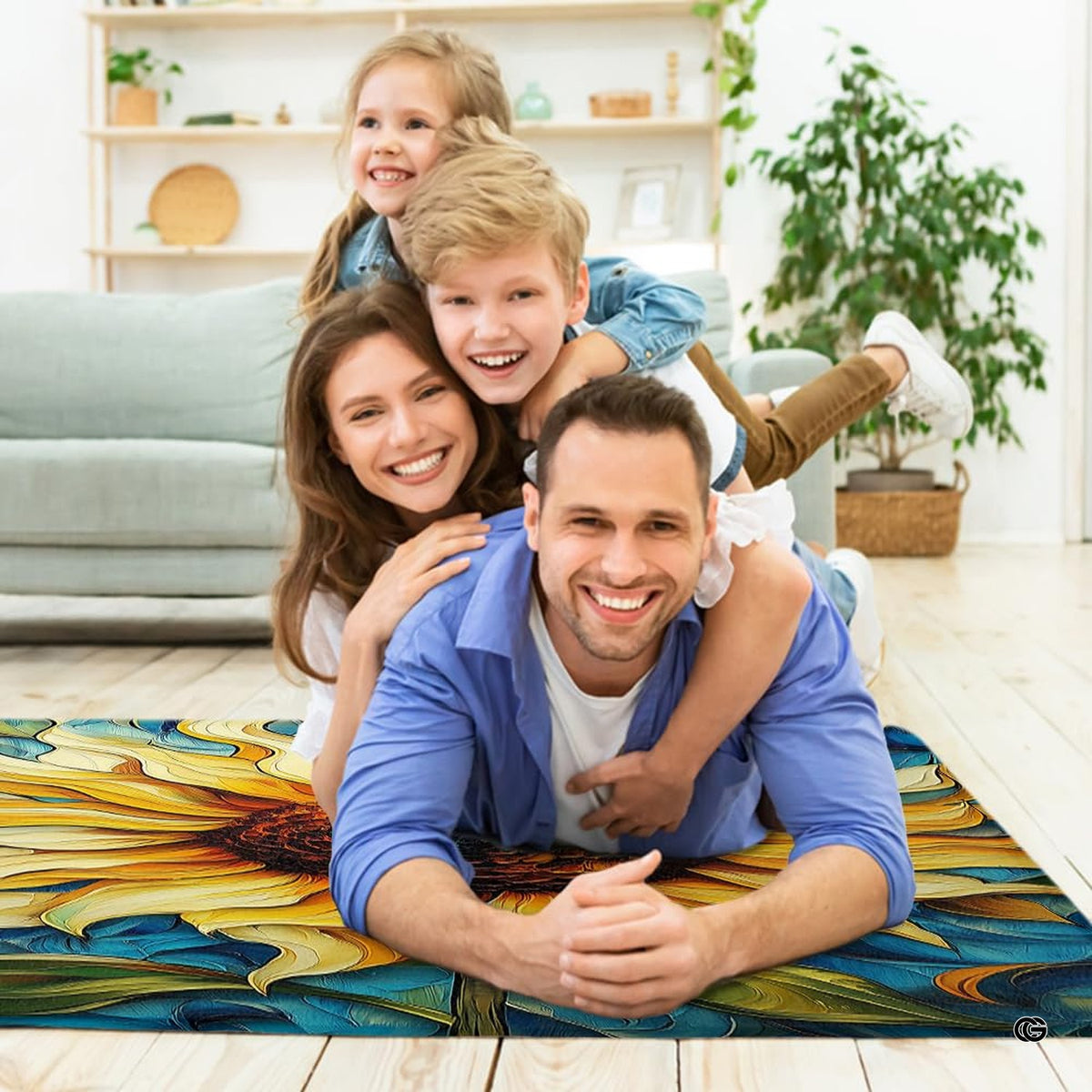 Lifestyle living room scene featuring family lounging on swirling sunflower area rug.