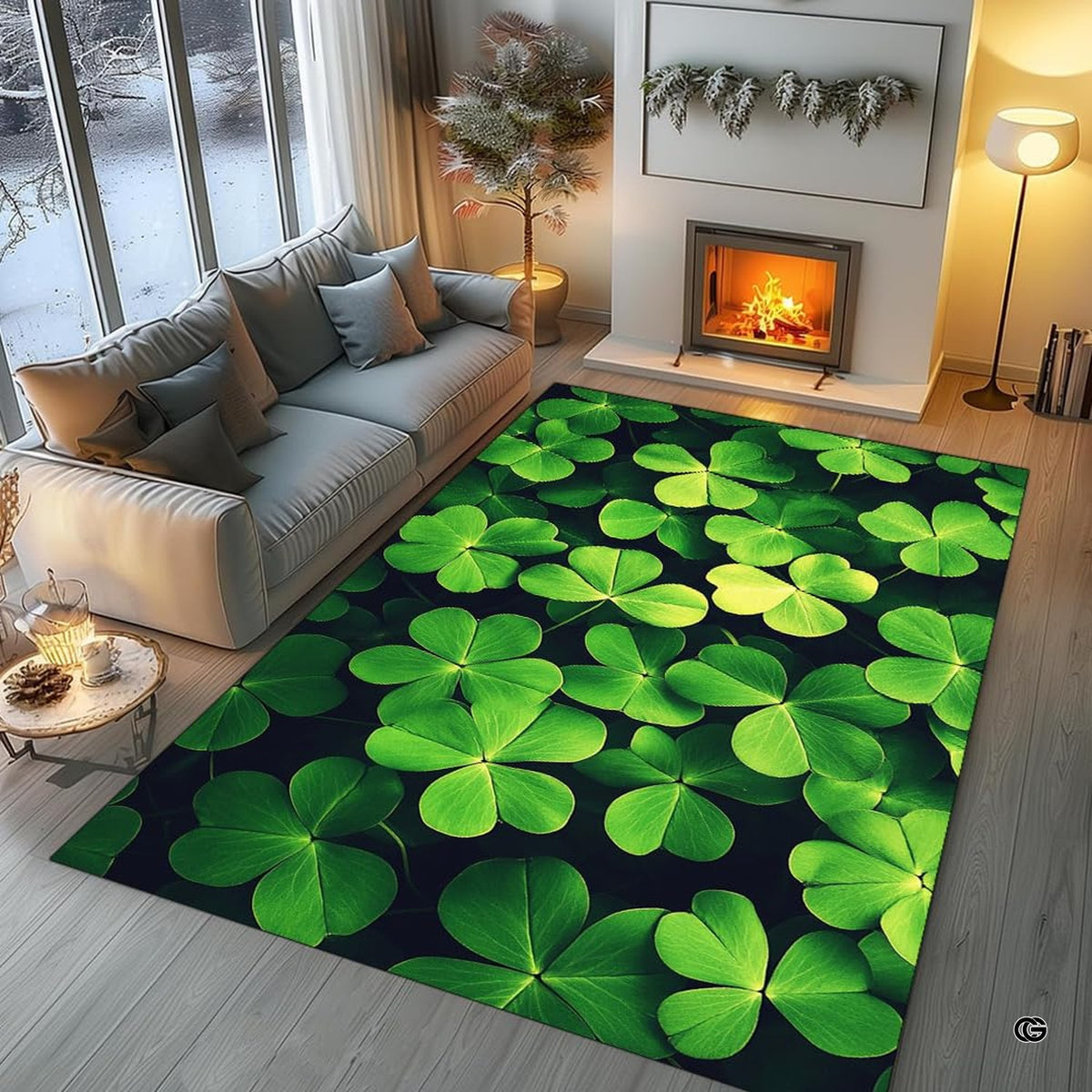 Cozy modern living room arrangement styling the lush green shamrock rug