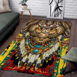 Living room setting featuring a native tribal beaded owl totem boho area rug