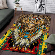 Living room setting featuring a native tribal beaded owl totem boho area rug - thumbnail image 1 of 7
