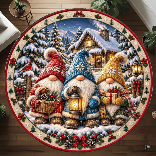 Top-down view of round area rug featuring three Scandinavian gnomes in snowy woods before a stone cottage.
