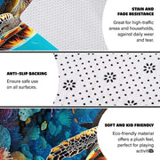 Coastal bedroom mockup showing the underwater sea turtle area rug placed beside a bed - thumbnail image 6 of 7