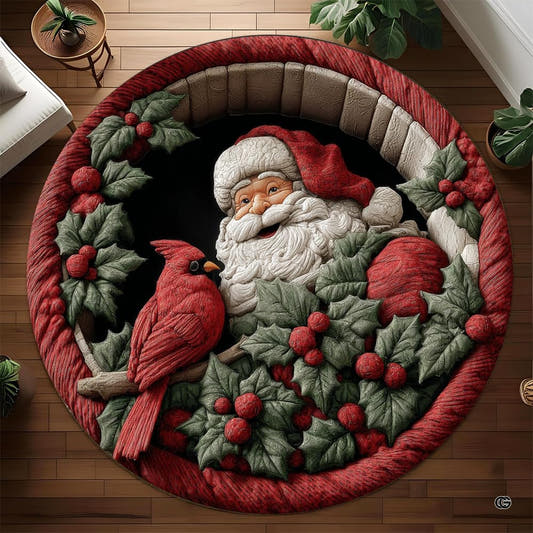 Overhead view of a round 3D Santa Claus and red cardinal holiday area rug on wood flooring.