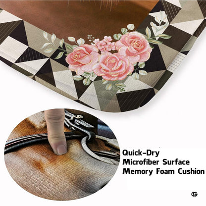 Detailed view of the neutral harlequin diamond pattern and pink rose floral corner. - thumbnail image 3 of 7