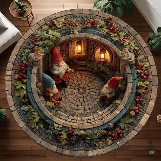 Round Christmas gnome rug with stone courtyard and holly border