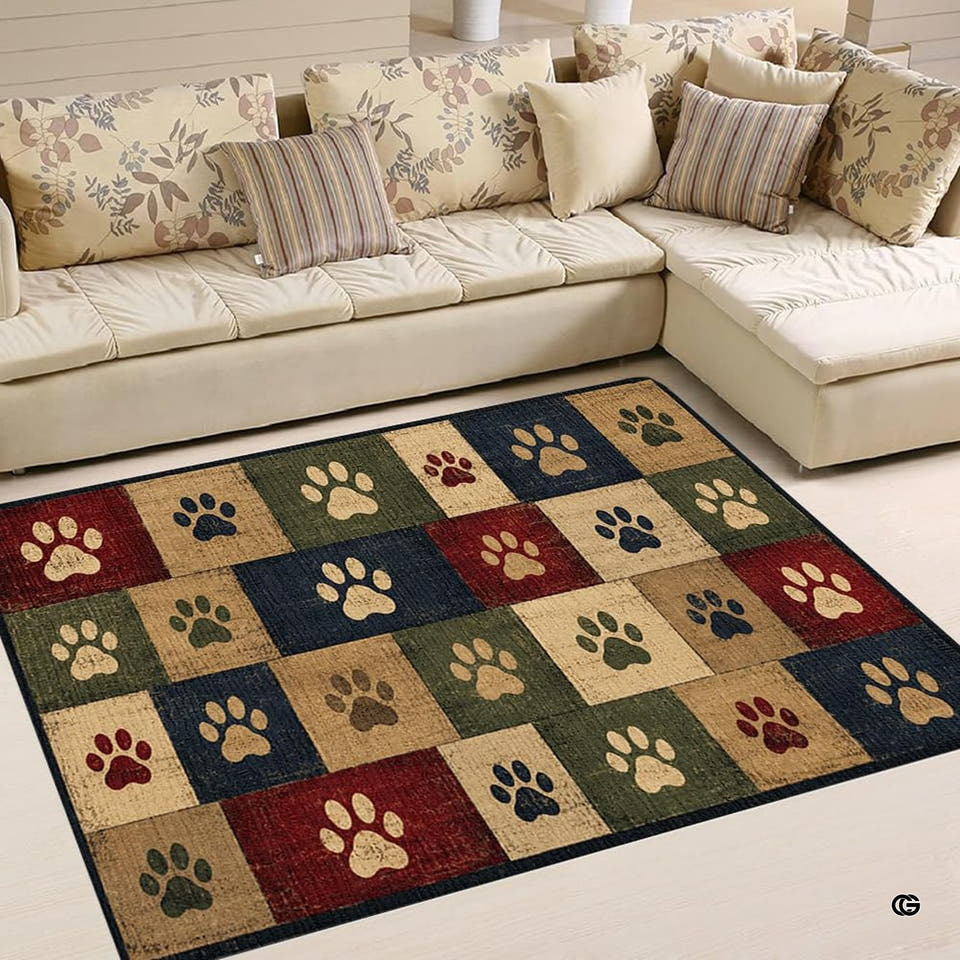 Rustic lodge paw print color block tile area rug - view 1