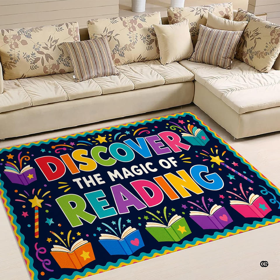 Magical books classroom area rug featuring glowing storybooks and stars on deep navy blue.
