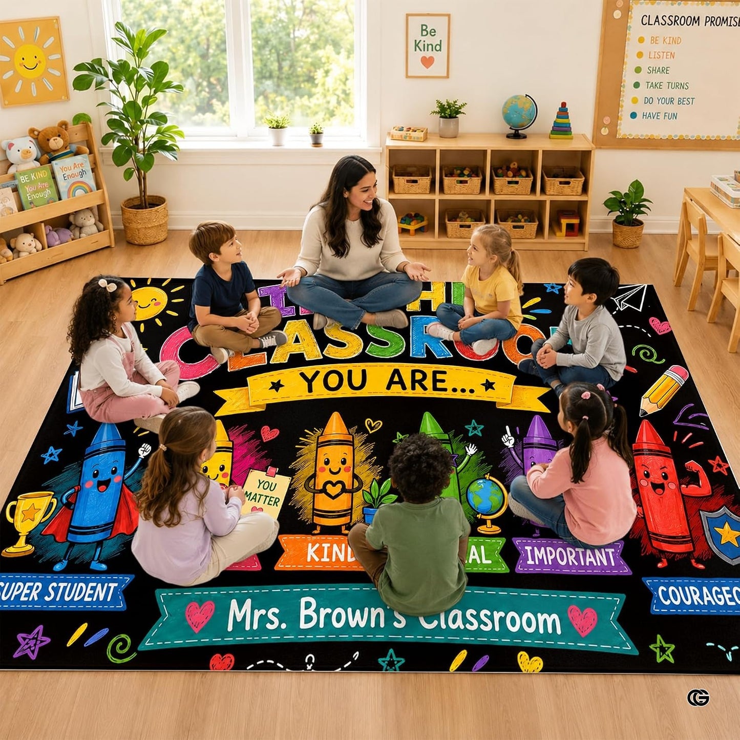 Personalized Teacher Classroom Rug, Custom Back to School Welcome Mat with Name, Kindergarten Preschool Elementary Decor, Composition Notebook Carpet (A13)
