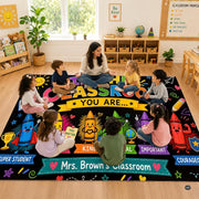 Personalized Teacher Classroom Rug, Custom Back to School Welcome Mat with Name, Kindergarten Preschool Elementary Decor, Composition Notebook Carpet (A13)