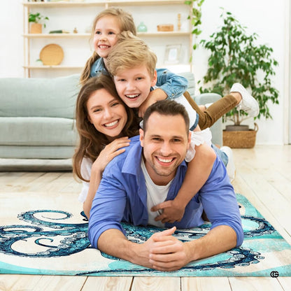 Coastal watercolor octopus area rug styled on hardwood flooring in living room. - thumbnail image 4 of 7