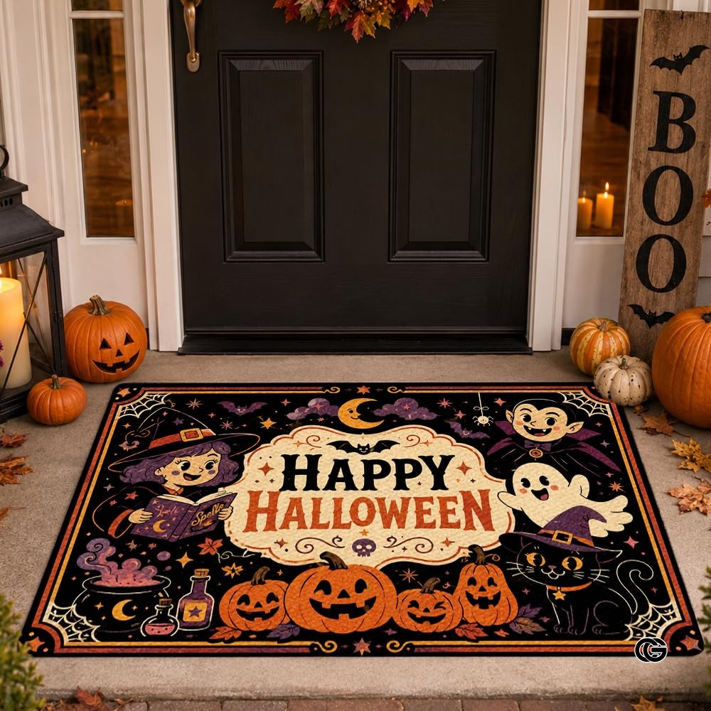 Halloween Door Mat Outdoor, Custom Spooky Welcome Mat with Black Cat and Pumpkin, Fall Front Door Mat for Porch Entryway Decor #2