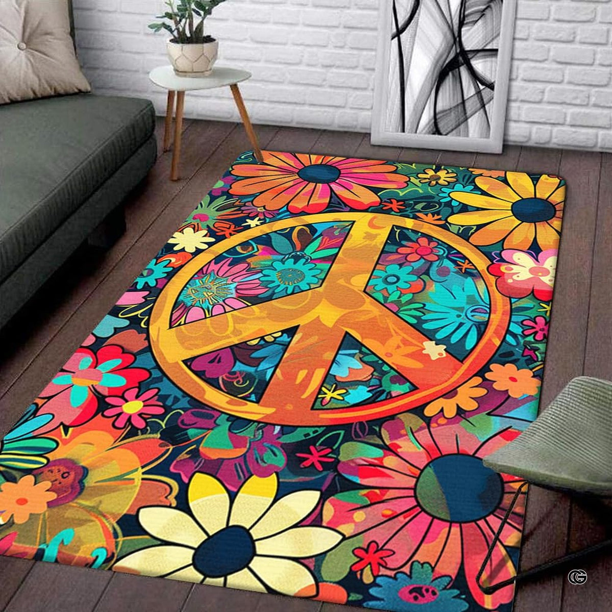 Retro hippie peace sign floral area rug displaying a central golden emblem and colorful daisies in a bright room.