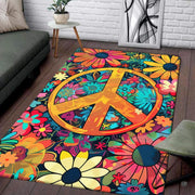 Retro hippie peace sign floral area rug displaying a central golden emblem and colorful daisies in a bright room. - thumbnail image 1 of 5